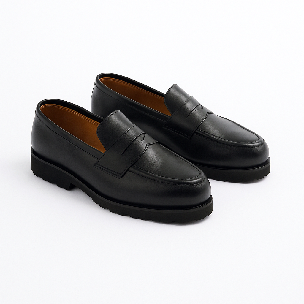 Pair of black loafers on a white background