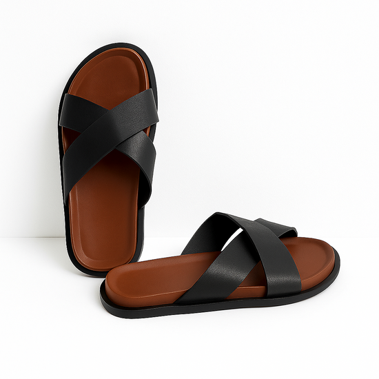 Black and brown sandals on a white background